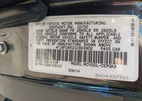 2001 Toyota Camry Xle V6 from USA, damaged, VIN 4T1BF28K01U963902